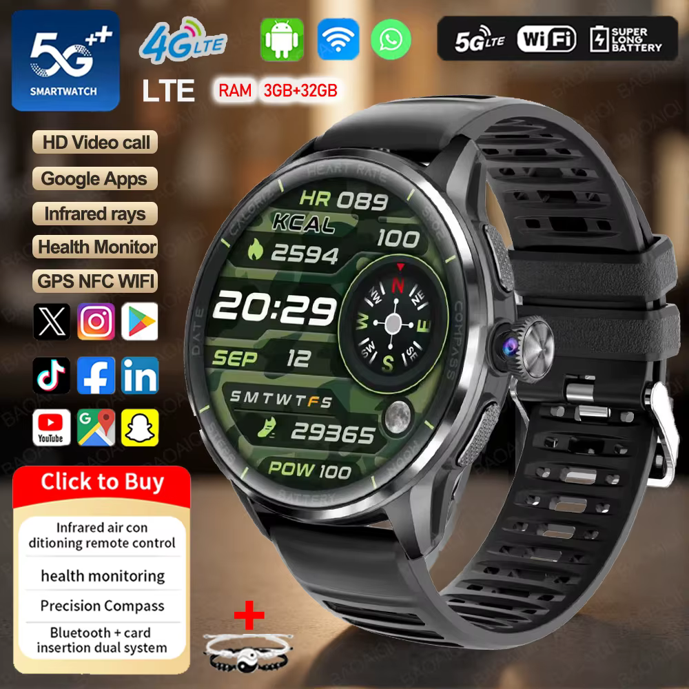 Montre connectée 5G/4G, réseau complet, boussole, appel vidéo HD, écran AMOLED de 1.60 pouces, 2100m