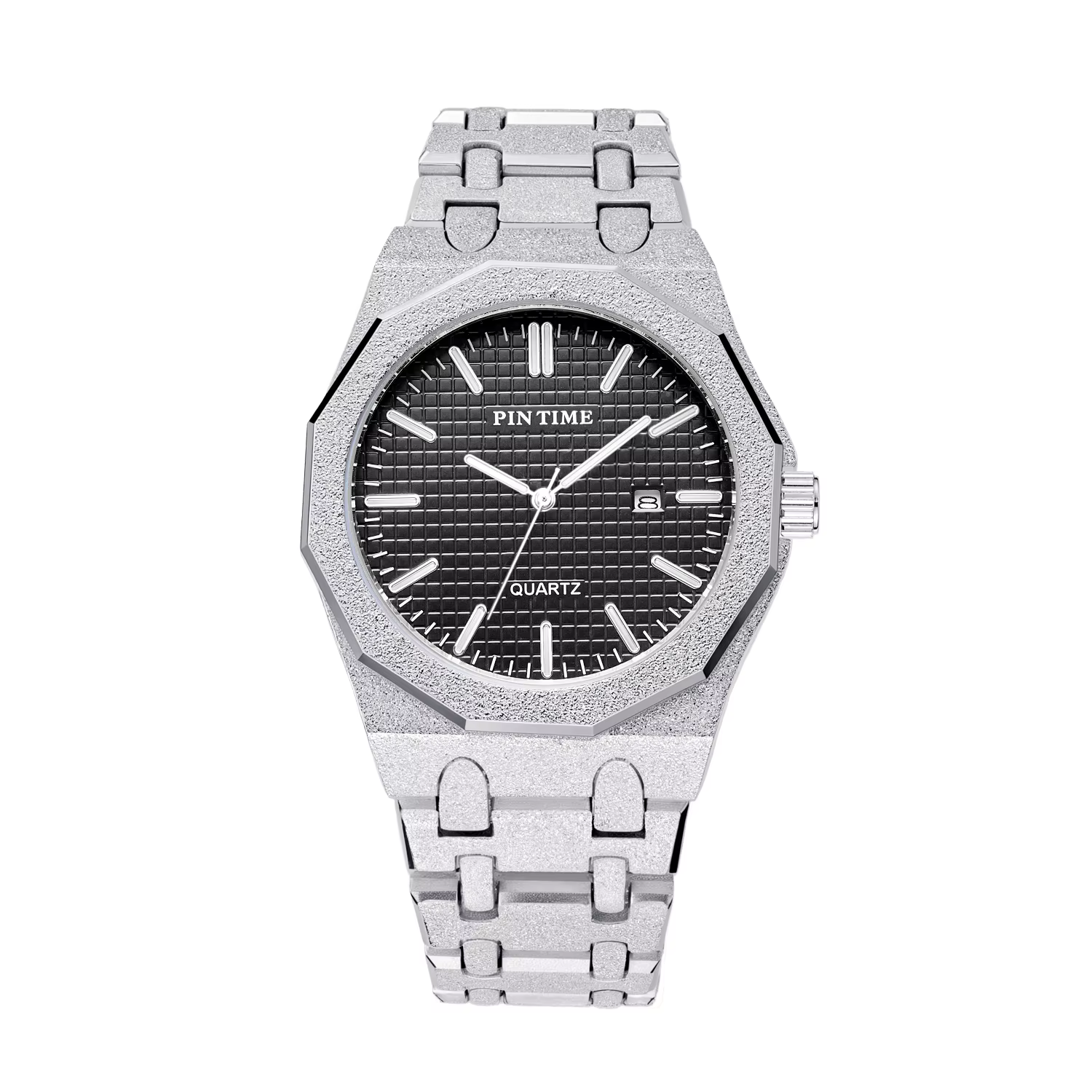 Montre à quartz pour homme, boîtier en acier inoxydable noir mat à douze côtés avec bracelet en cuir