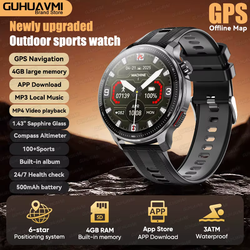 Nouvelle montre connectée GPS 2026 avec cartes hors ligne pour sports de plein air, 4 Go de mémoire,
