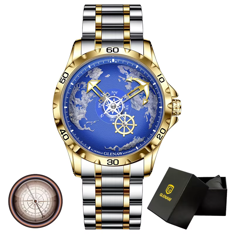 GLENAW Design nouveaux hommes montres série nautique voyageur en acier inoxydable brillant étanche m