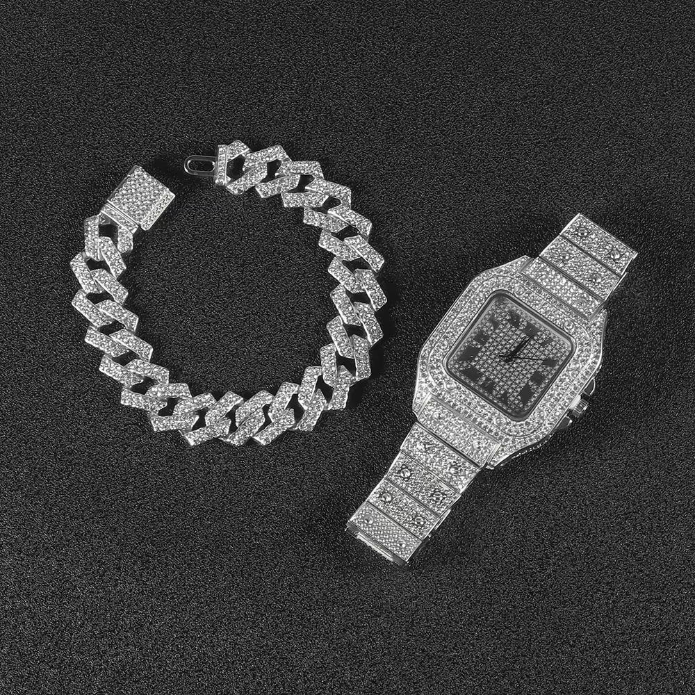 Ensemble bracelet et montre glacé pour hommes et femmes, bijoux exquis, style de rue hip hop, Miami