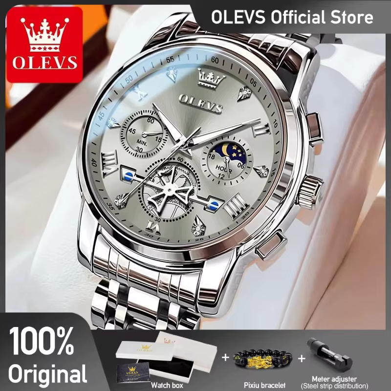 OLEVS-Montre-bracelet classique à quartz pour homme, chronographe multifonctionnel, phase de lune or