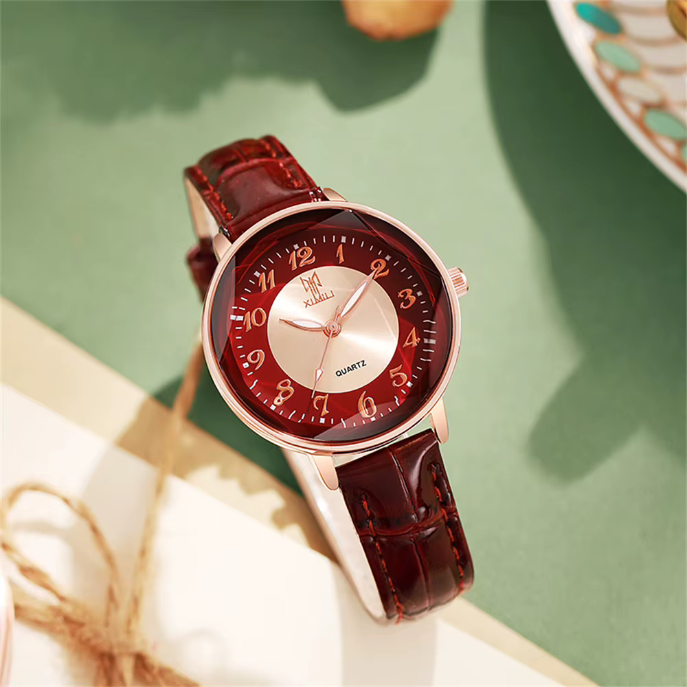 Montre femme Simple Chiffre Arabe Montre à Quartz Montre d’affaires pour femme en cuir rose