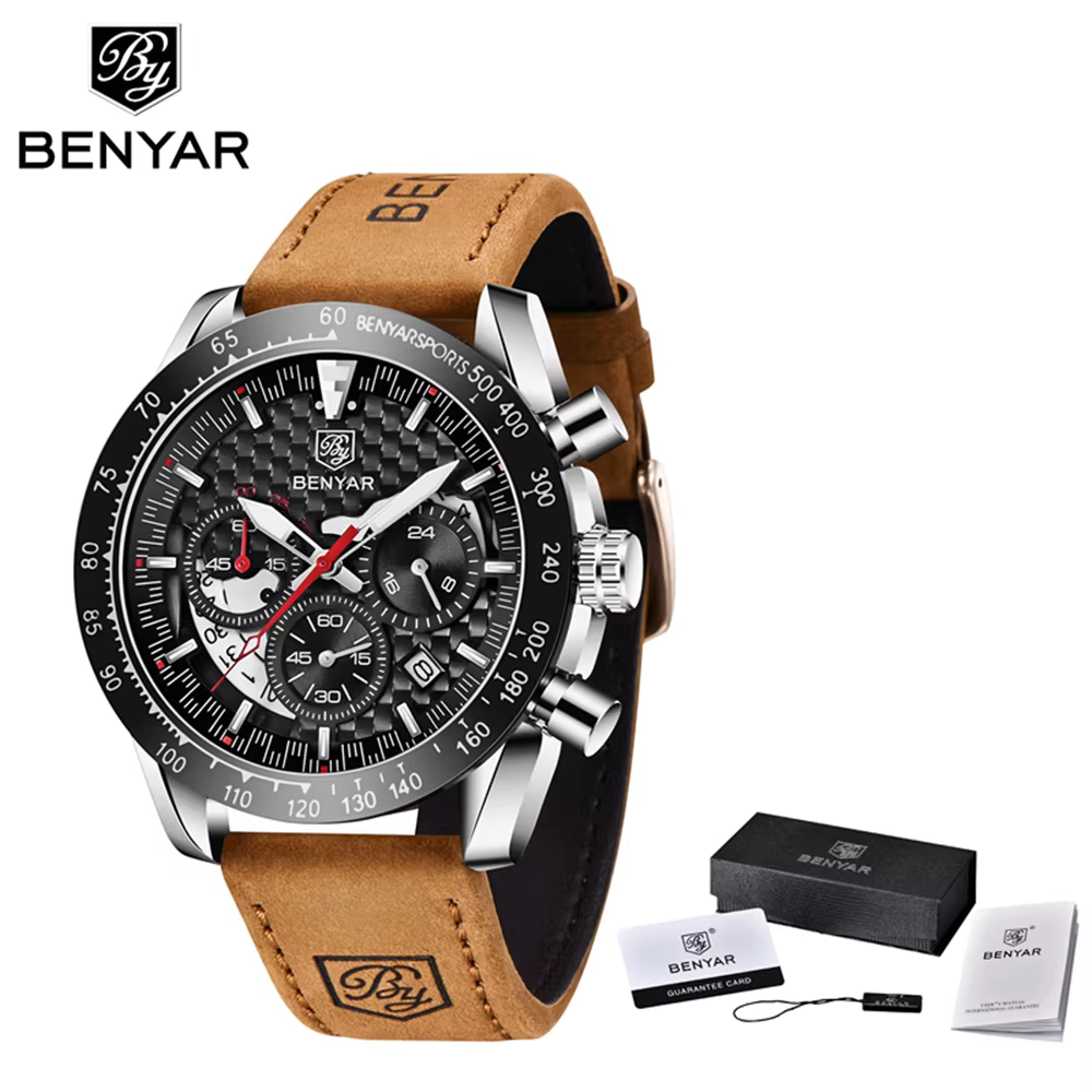 Benyar Design-Montre à quartz en cuir pour homme, chronographe Shoous, marque de sport, mode vintage