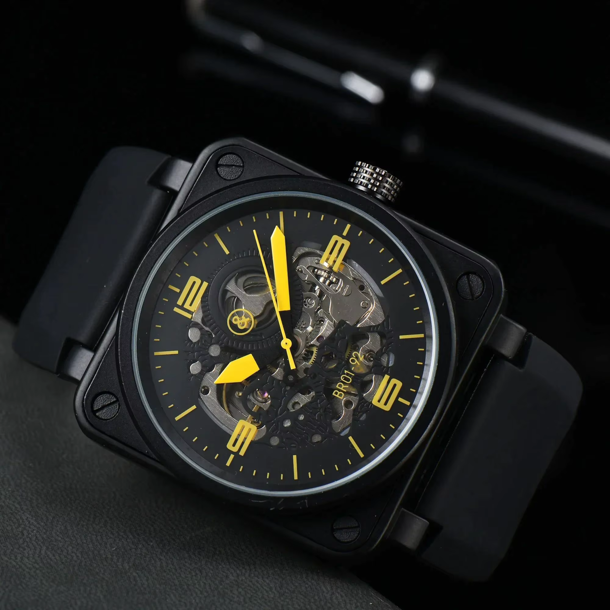 Montre mécanique automatique pour homme, bracelet en cuir marron, caoutchouc noir, 46 mm, cadran cre