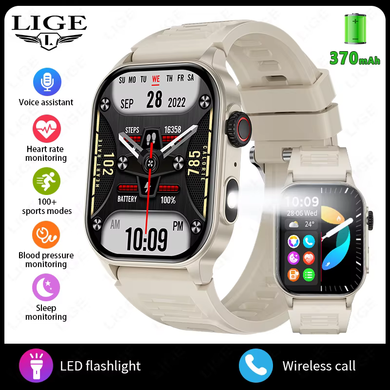 LIGE-Montre intelligente étanche avec lampe de poche LED pour homme, montre intelligente de sport, m