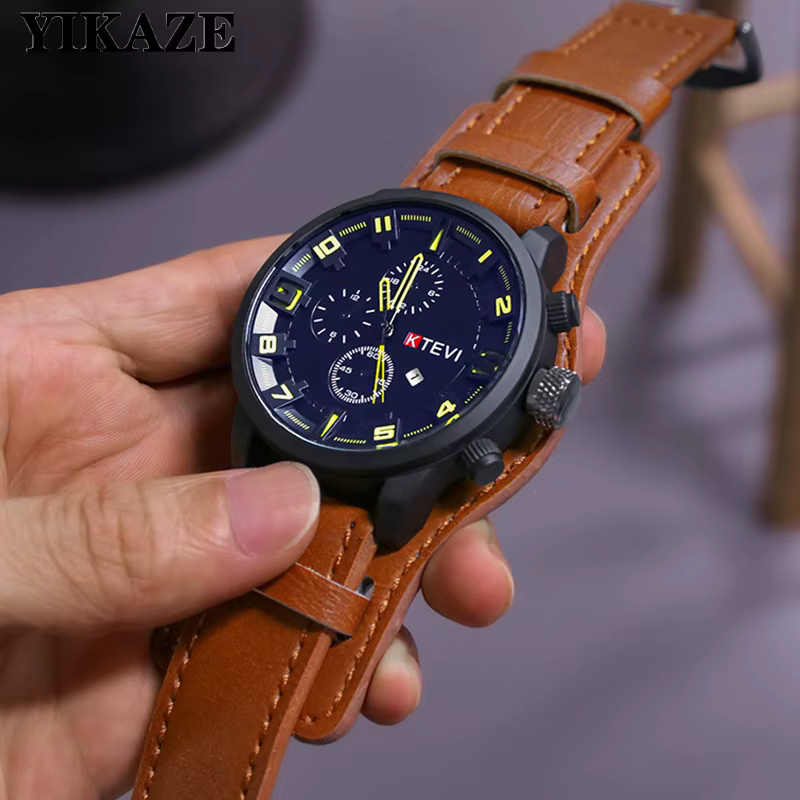 Montre à quartz pour homme avec cadran arabe tendance, bracelet en cuir décontracté, montres de spor