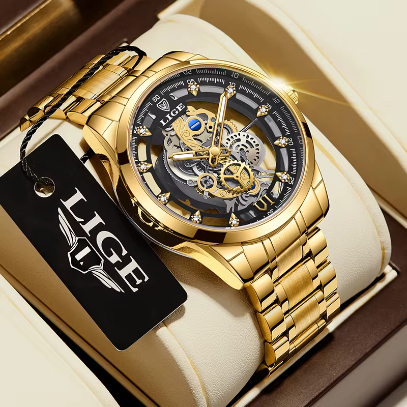 LIGE – montre à Quartz automatique pour hommes, squelette doré, Vintage, marque de luxe, 2026