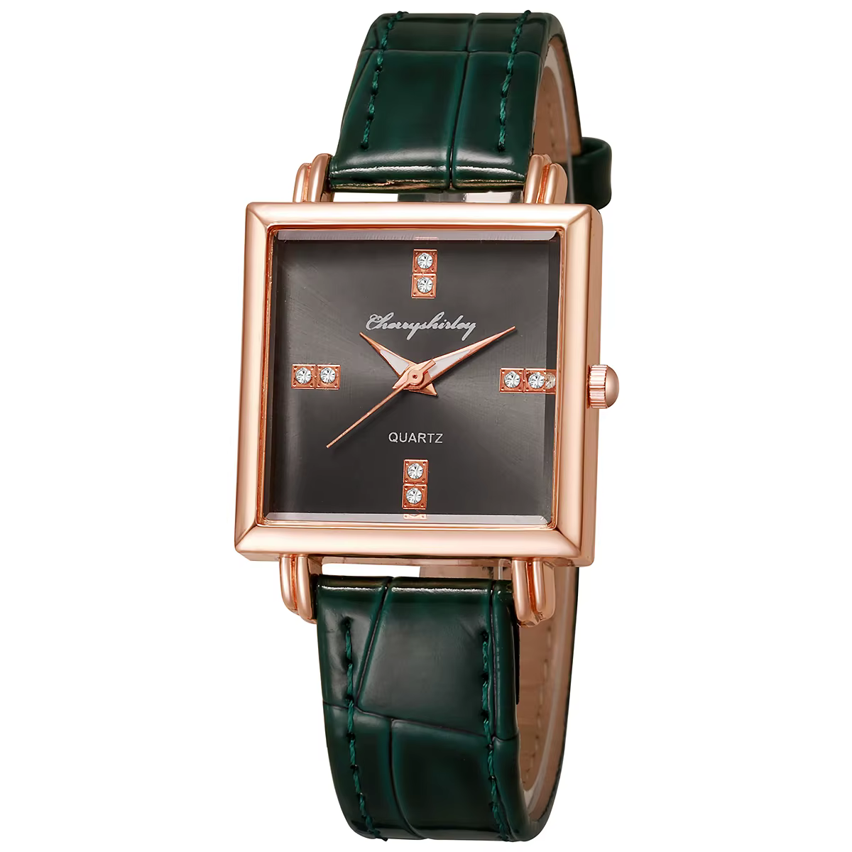 Montre carrée élégante pour femme Cherryshirley - Boîtier en or rose de luxe, bracelet en cuir de cr