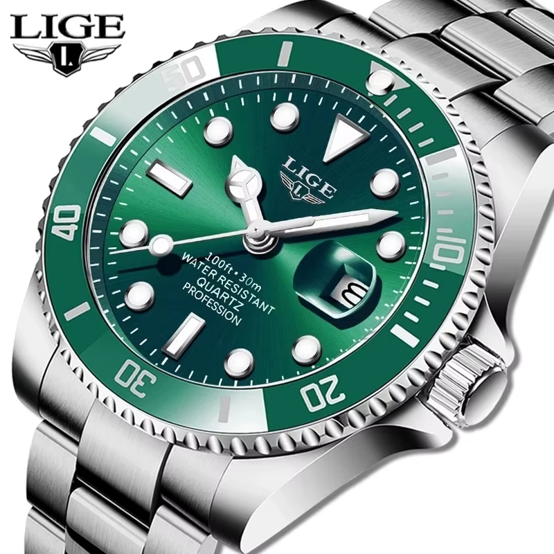 LIGE-Montre de plongée étanche pour homme, montre-bracelet à quartz, horloge de date, montres de spo