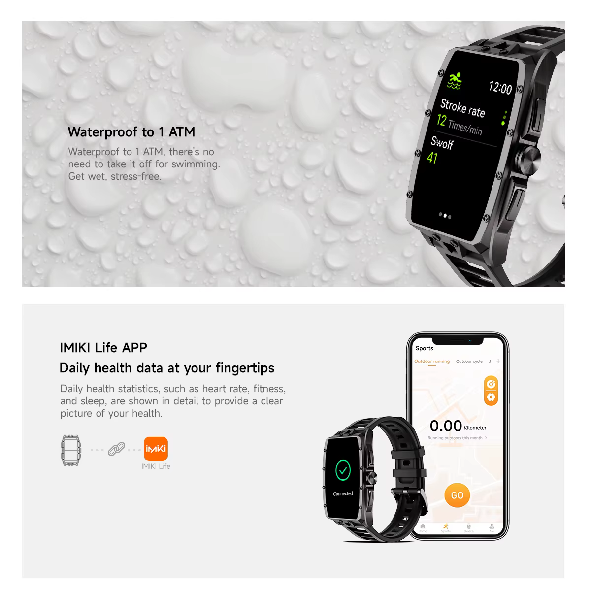 IMIKI montre intelligente 1.64 ''HD AMOLED affichage Bluetooth appels téléphoniques 1 ATM étanche 10