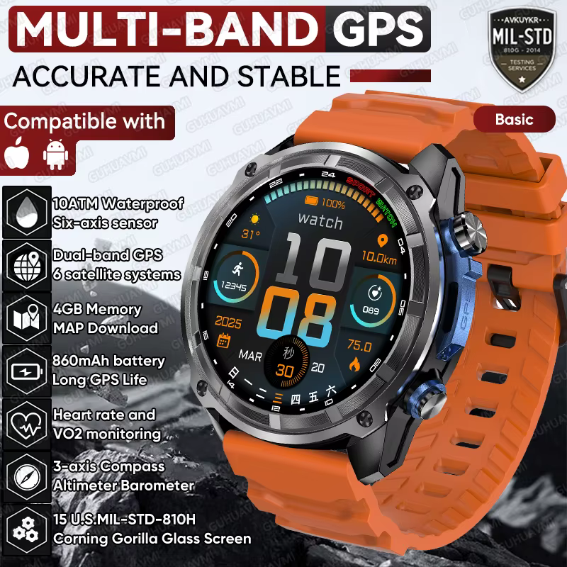Montre connectée GPS avec carte Terrain, mémoire de 4 go, 6 systèmes Satellite, AGPS 5ATM, étanche e