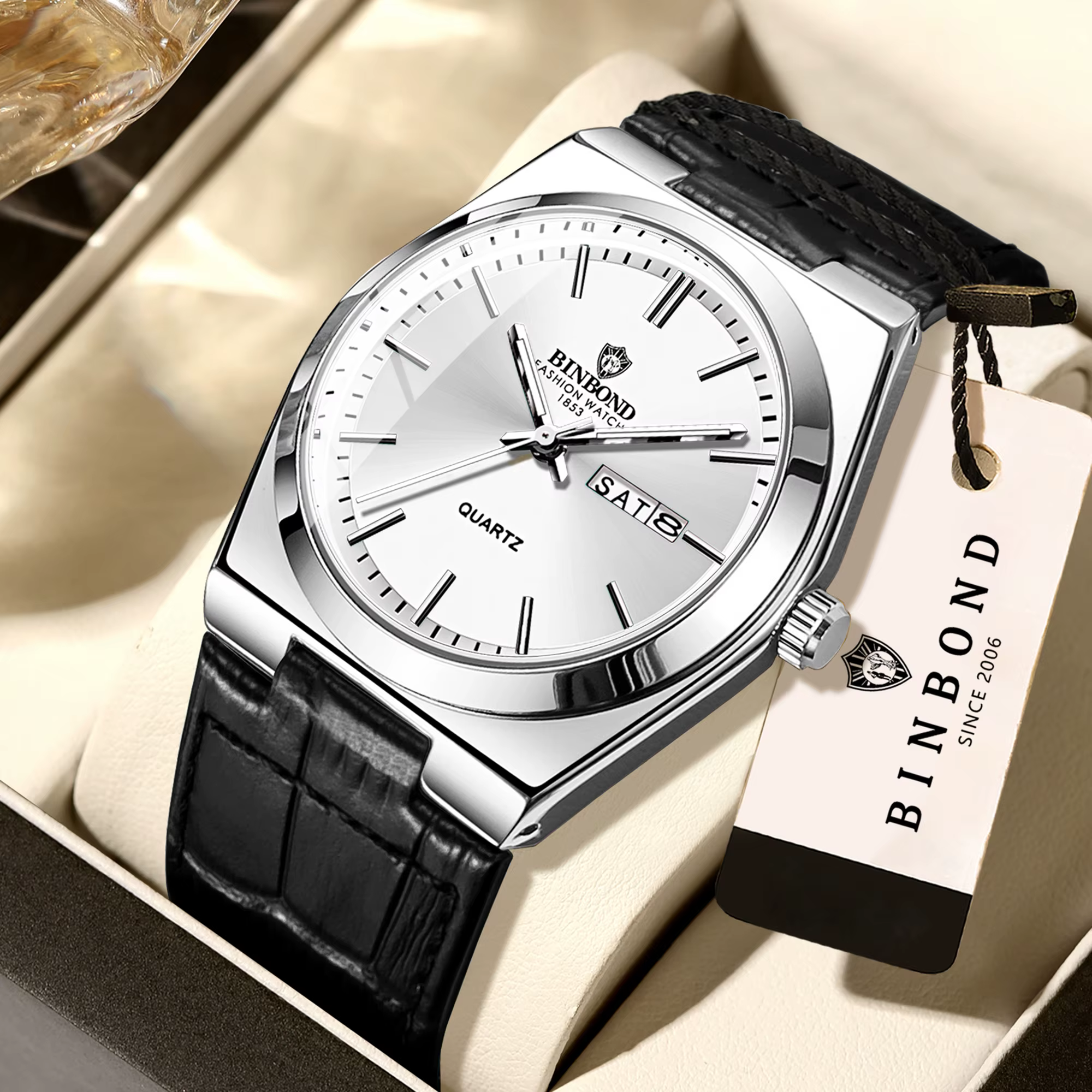 Montre homme BINBOND durable, bracelet en cuir, montre-bracelet à quartz de luxe, précise, lumineuse