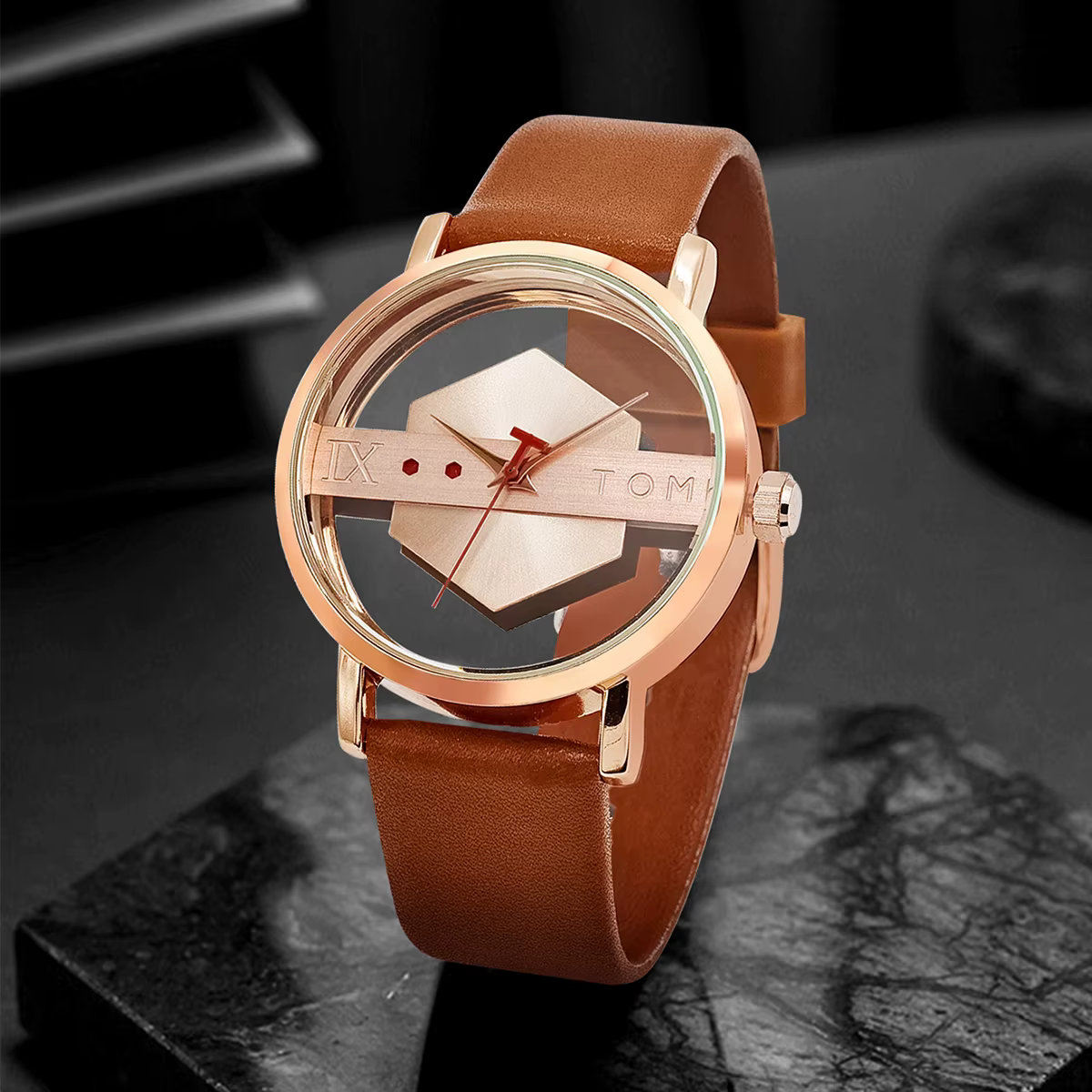 TOMI – bracelet de montre en cuir pour hommes, à la mode et minimaliste, Perspective creuse personna