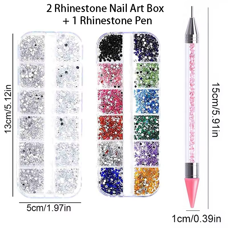 Kit 3 Boîte Nail Art Strass Pierres Argentées Colorées + Stylo Strass
