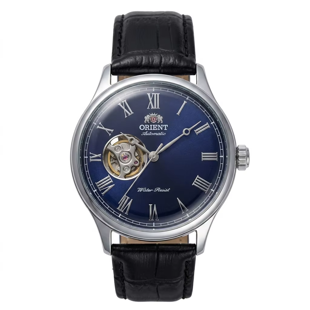 Montre mécanique automatique Orient pour homme, cadran squelette, chiffres romains, bracelet en cuir