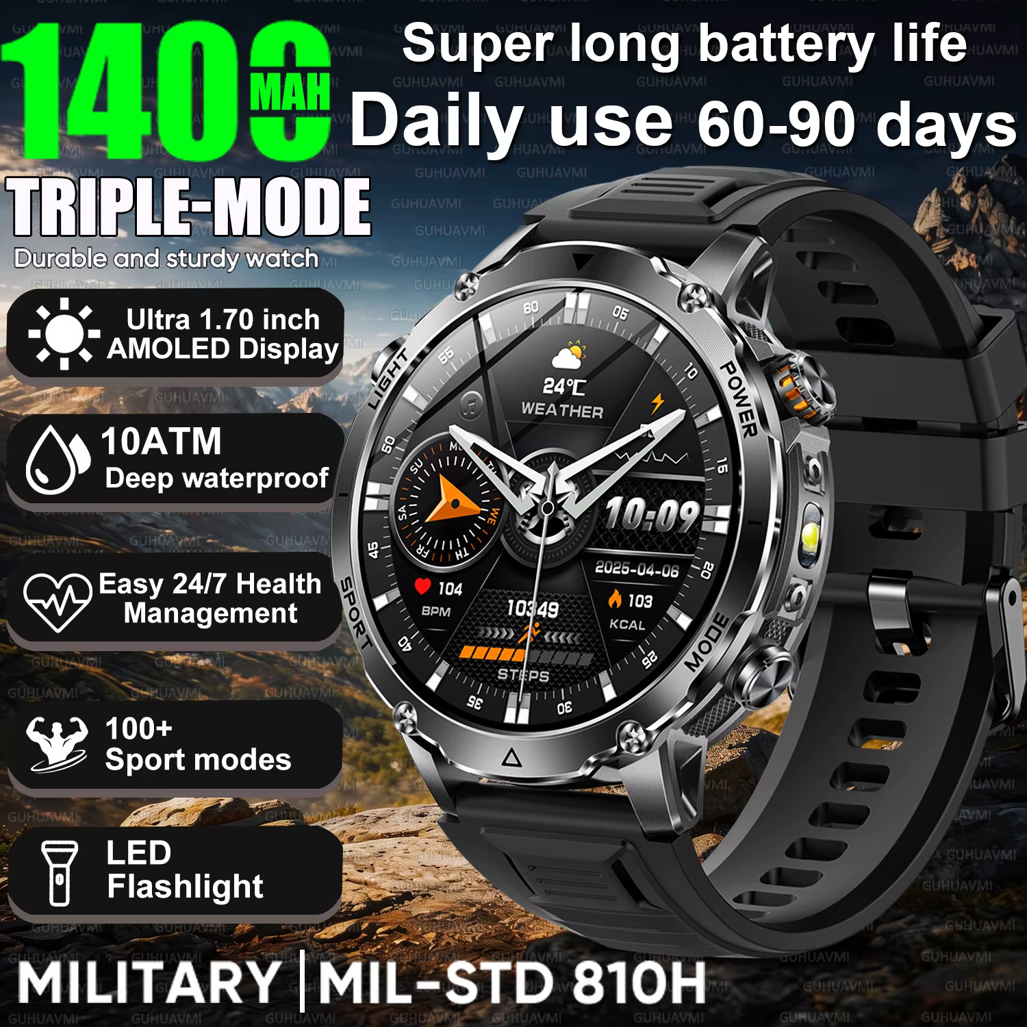 Montre connectée de sport avec batterie 1400mAh, lampe de poche 1.7 pouces, enregistrement des exerc