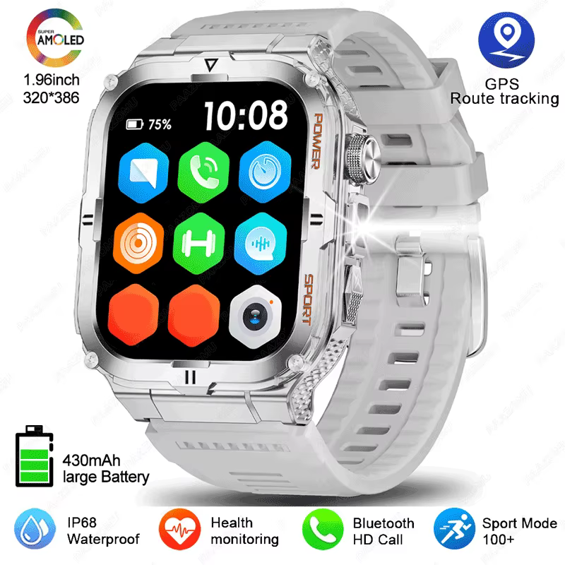 Montre connectée étanche 3ATM, écran HD 1,96'', appels Bluetooth, moniteur de santé, lampe torche, b