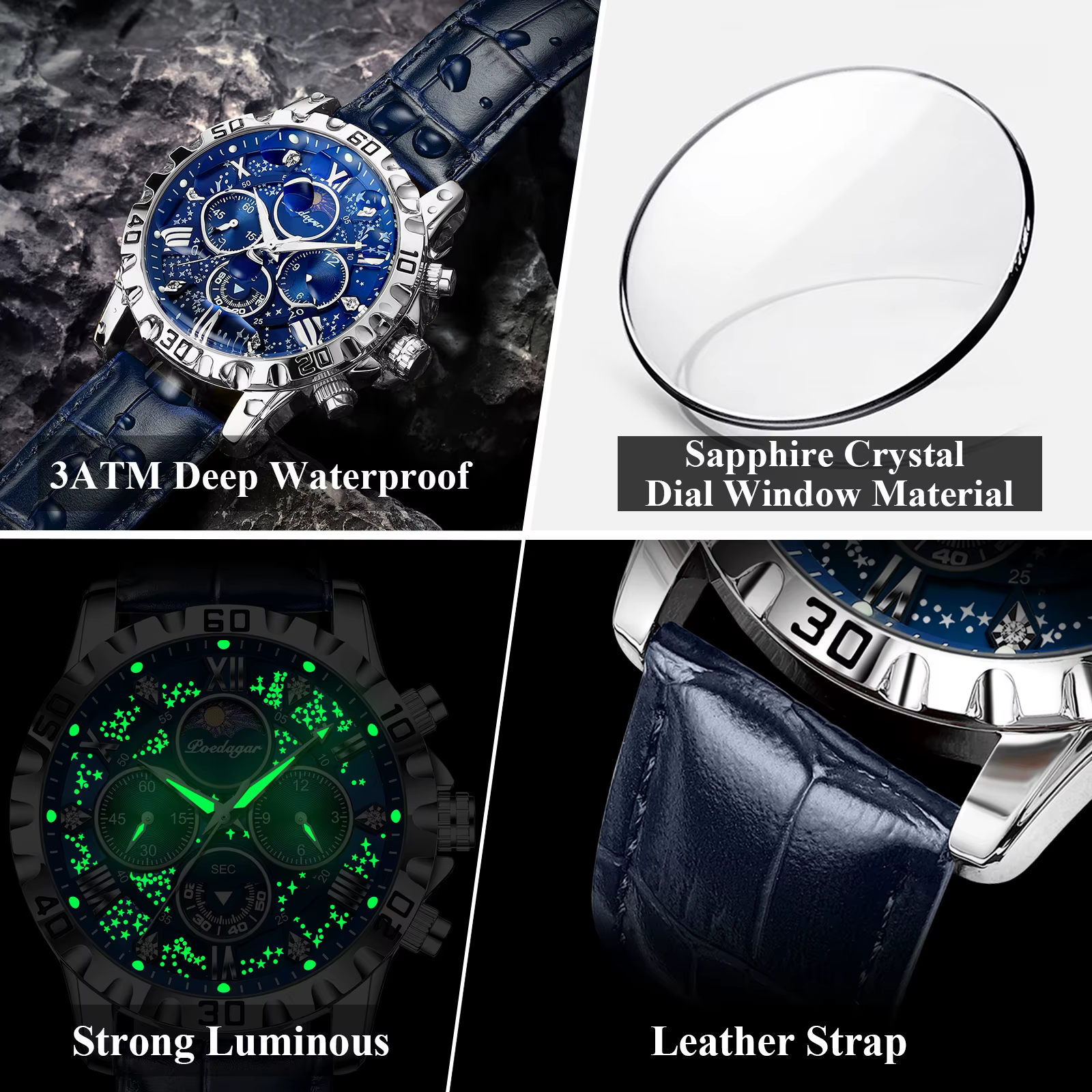 Montre homme POEDAGAR, haut de gamme, fonctionnelle, luxueuse, étanche, chronographe lumineux, brace