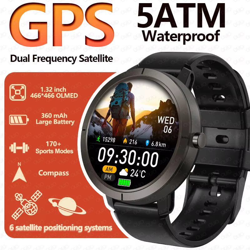 Montre connectée GPS 2026 AMOLED 1,32 pouces, appels Bluetooth, étanche 5 ATM, 170 modes sportifs, b