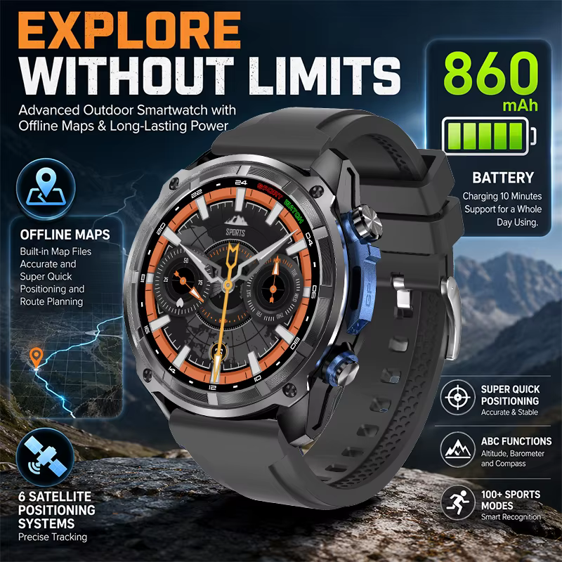 Montre connectée GPS 2026 avec carte hors ligne intégrée, étanche 3ATM, boussole militaire pour l'al