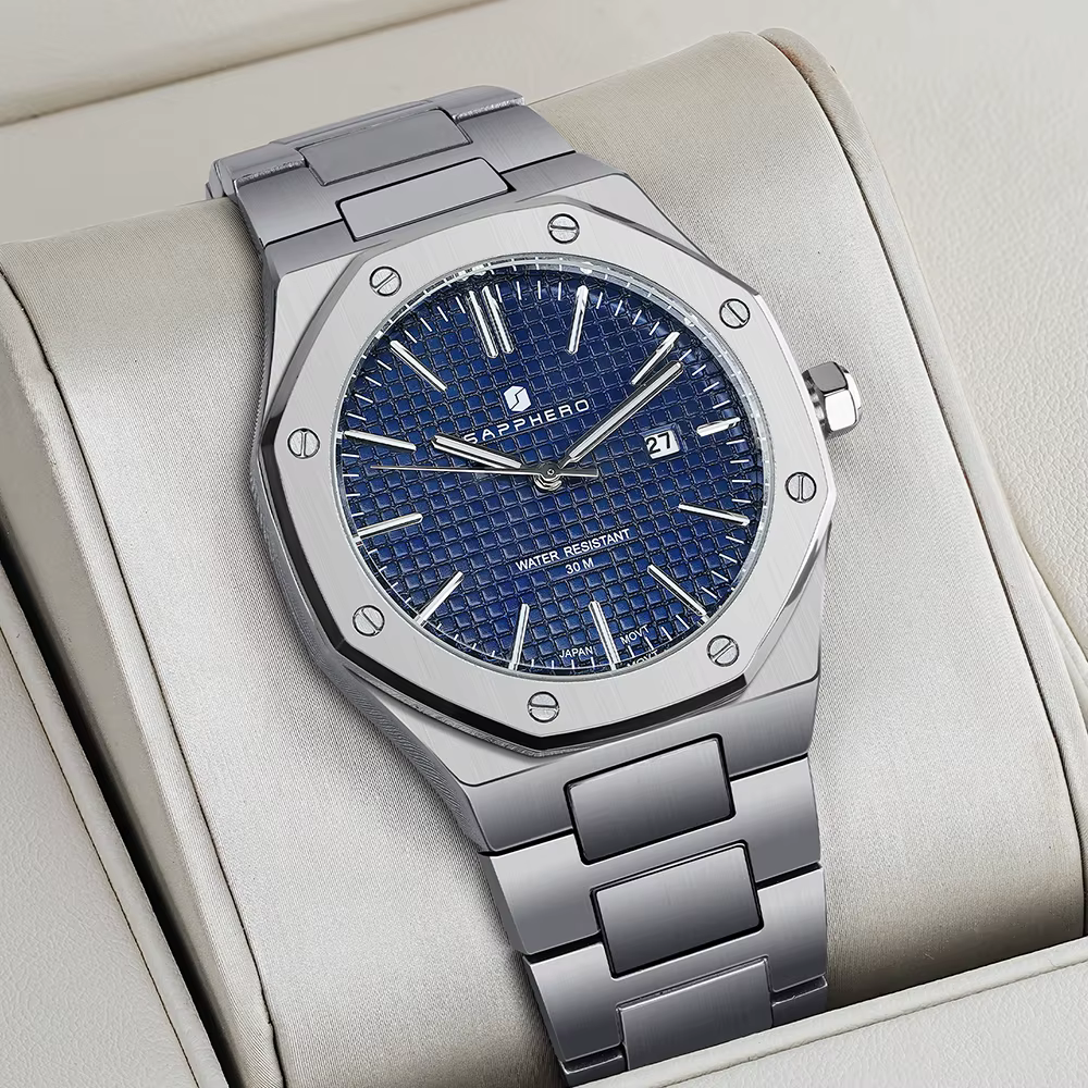 SAPPHERO montre pour hommes, bracelet en acier inoxydable, conception résistante à l'eau, calendrier