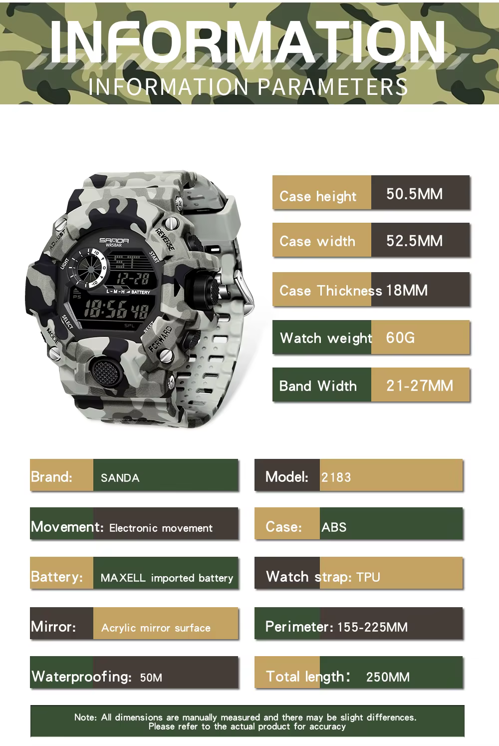 Mode SANDA 2183 hommes Camouflage militaire multi fonctionnel étanche jour veilleuse calendrier homm