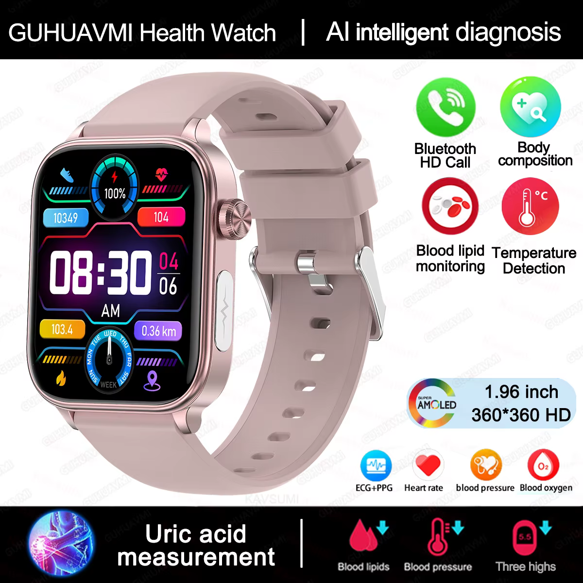 Détecteur de Diagnostic AI montre intelligente femmes lipides sanguins et acide uricique Test de Com