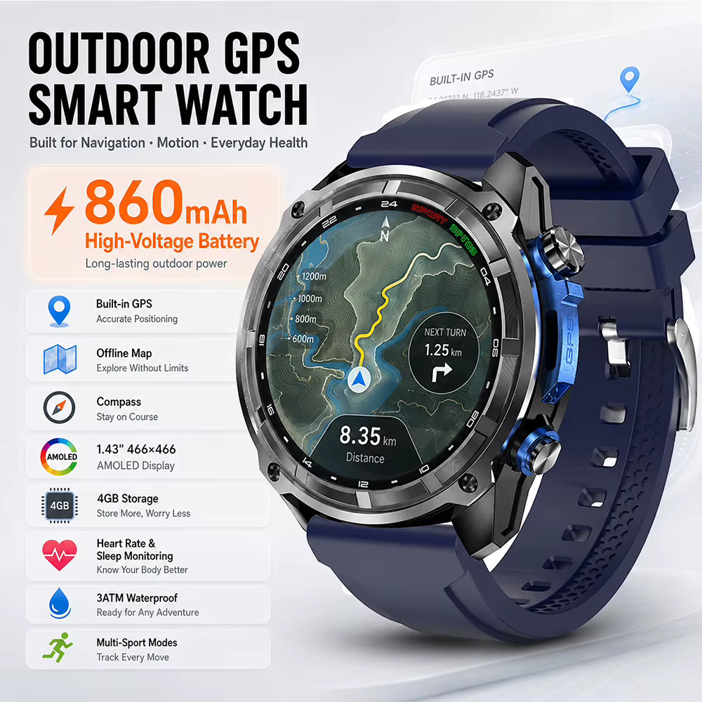Nouvelle montre connectée GPS 2026 pour hommes avec carte hors ligne intégrée, boussole, étanche 3AT