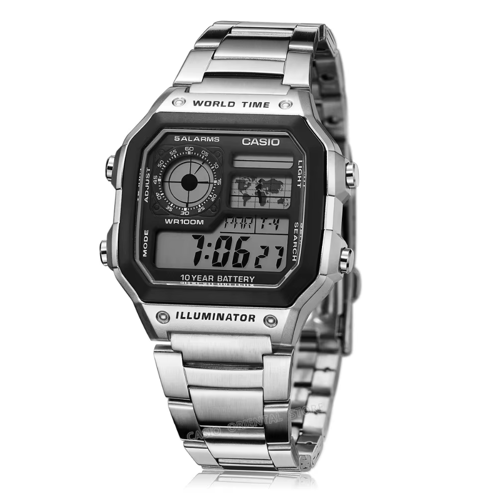 Série Casio AE1200WH | Montre numérique pour homme | 100M WR | Alarmes multiples | Chronomèt
