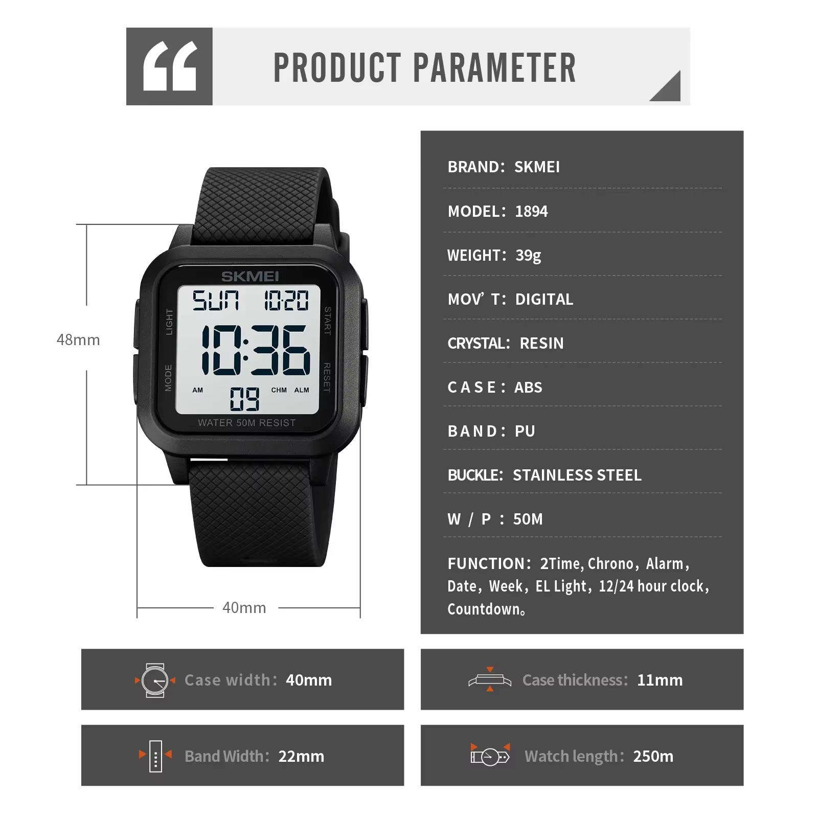SKMEI1894 hommes alarme Chrono horloge 5Bar étanche montres militaires LED affichage choc montre num