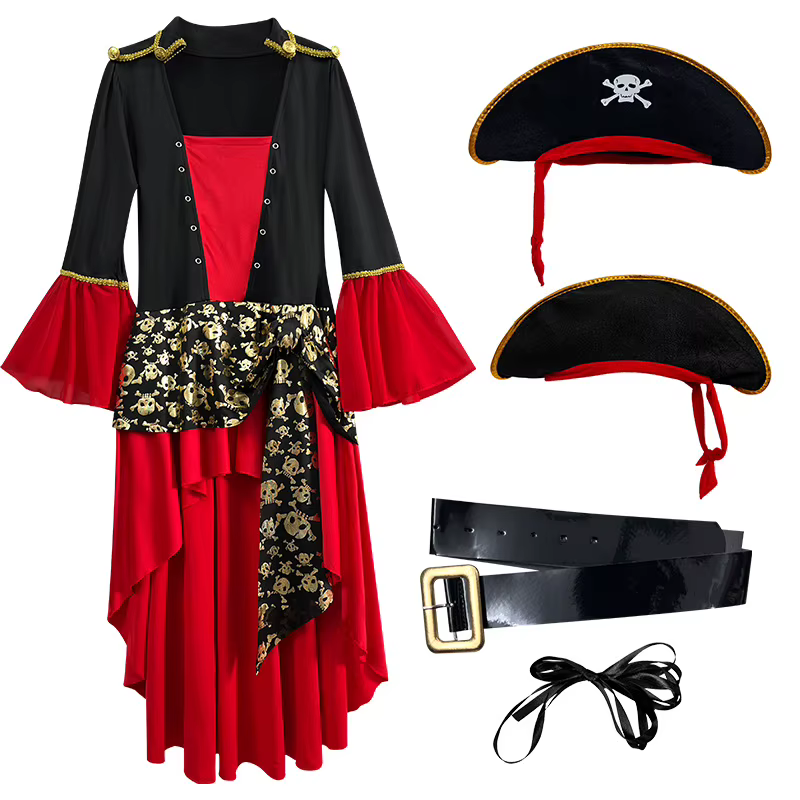 Ensemble de tenue de pirate pour femme, style Caraïbes, avec chapeau et ceinture, pour Halloween, co