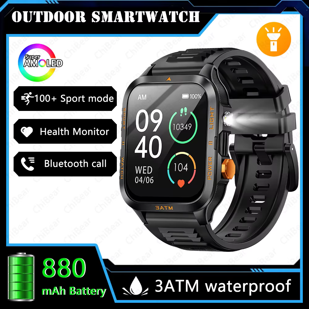 Montre connectée militaire robuste pour hommes, étanche 3ATM, batterie 880 mAh avec lampe de poche, 