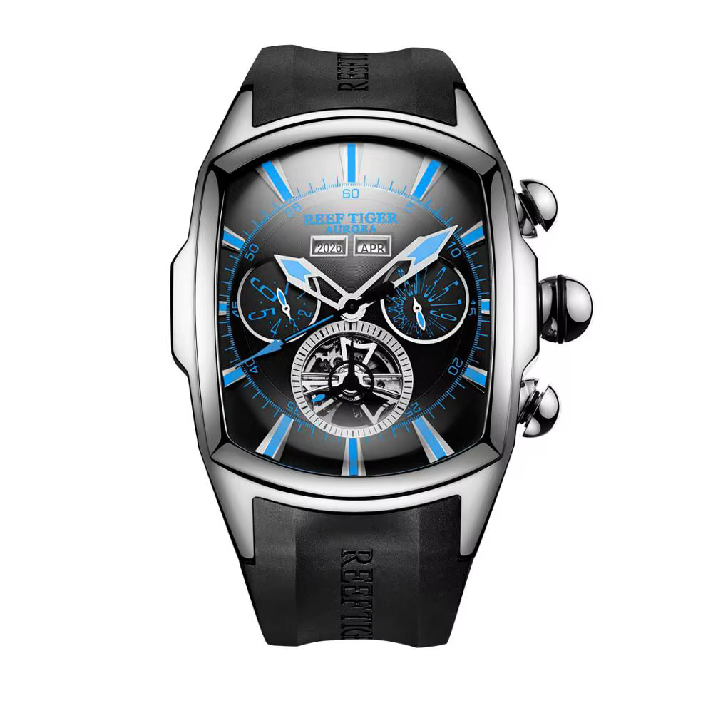 Récif Tiger/RT – montre de Sport pour hommes, Tourbillon, cadran bleu, affichage analogique, bracele