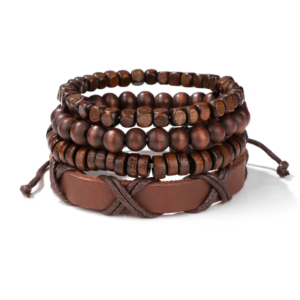 Bracelet tressé en cuir rond pour hommes et femmes, bracelets ethniques, perles en bois, plume, crân