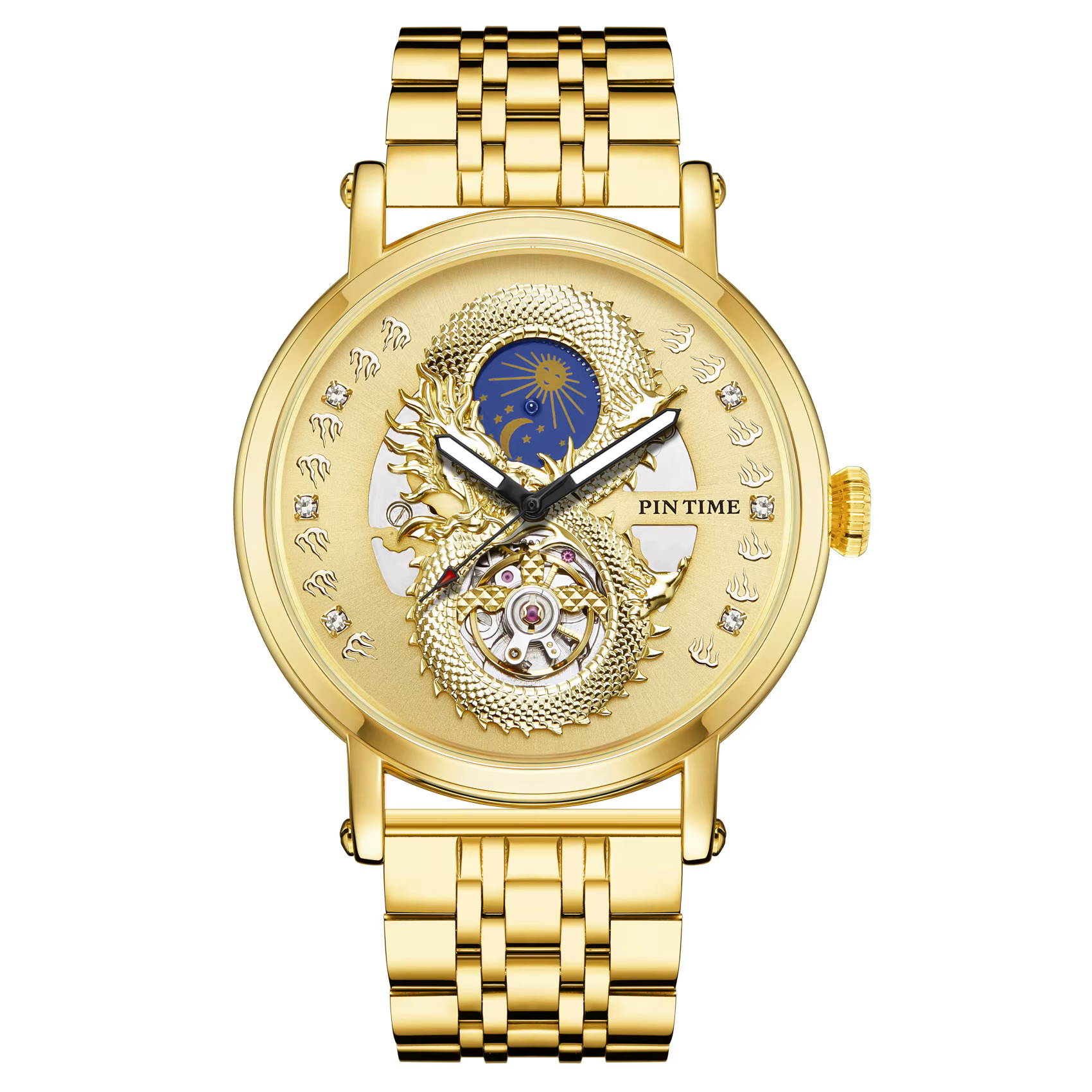 Montre Dragon Doré pour homme, montre mécanique automatique classique à tourbillon, sertie de diaman