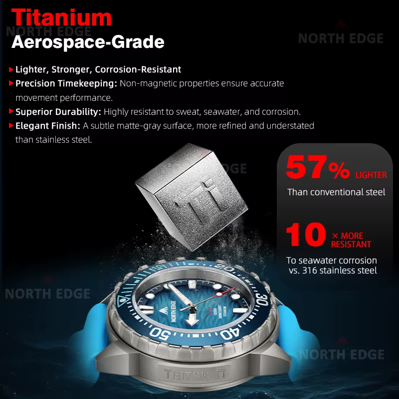 Montre de plongée solaire NORTH EDGE TRITON-TI en titane et acier inoxydable, montre à quartz de lux