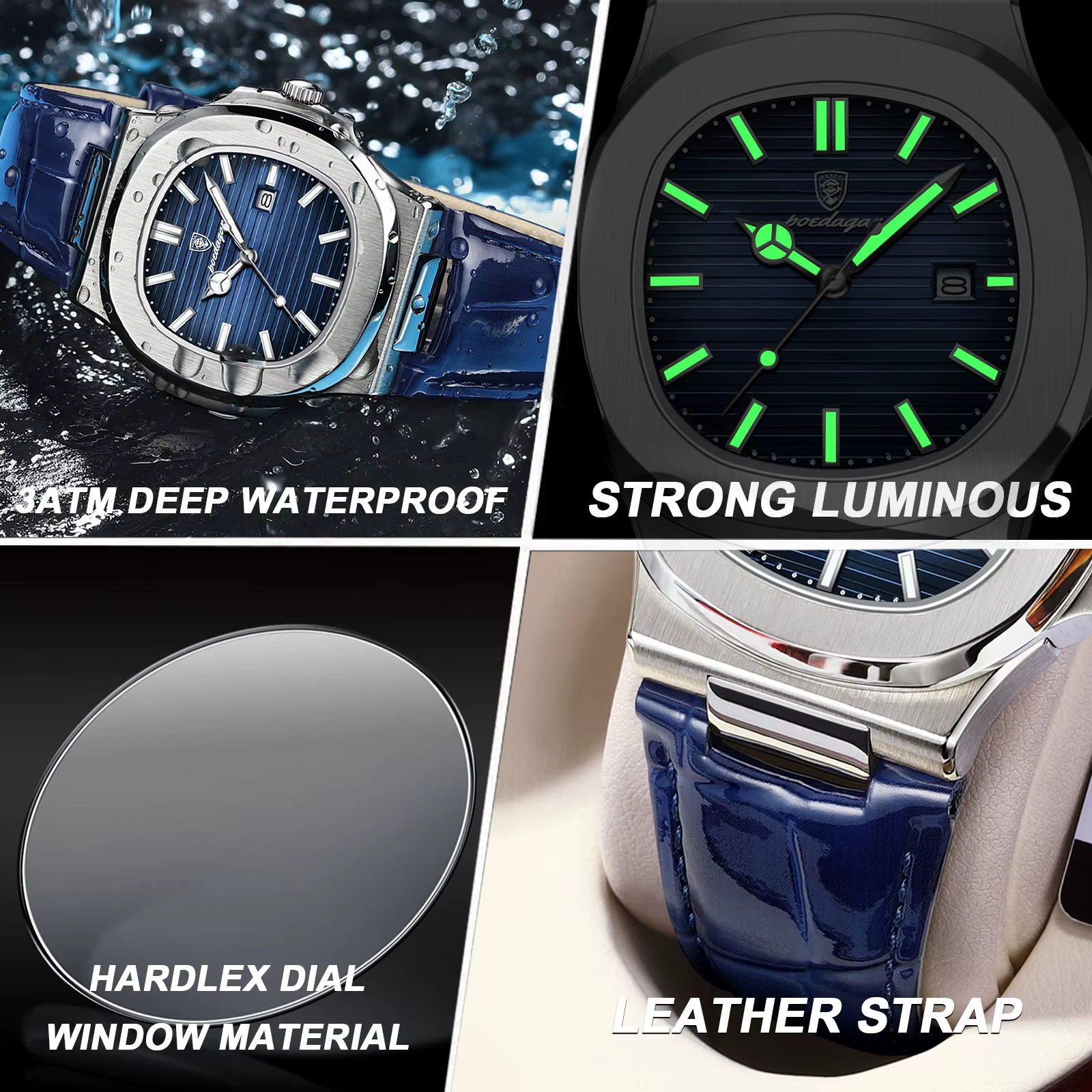 POEDAGAR Top carré homme montre Date étanche lumineux luxe hommes montre-bracelet de haute qualité e