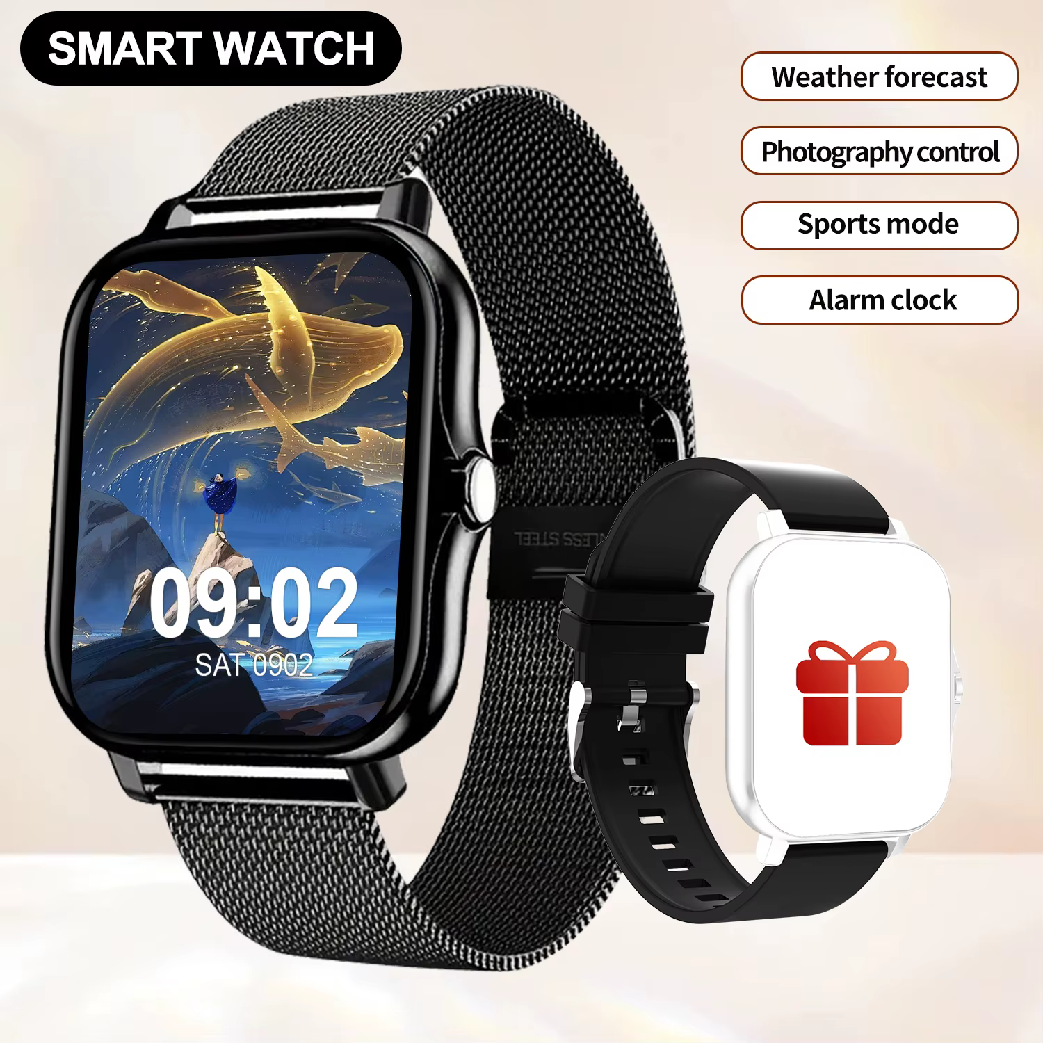 Montre connectée, mode multisports, rappel/rejet d'appels, affichage des rappels de messages, unisex