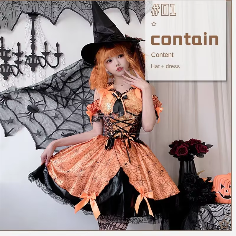 Costume d'Halloween Sexy et Mignon pour Femme, Robe de Sorcière Citrouille Cosplay Anime