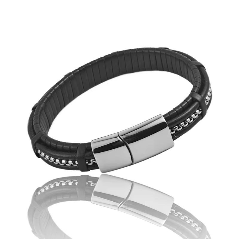 Bracelet en cuir et acier inoxydable pour homme, avec chaîne carrée perlée, fermoir magnétique, idéa