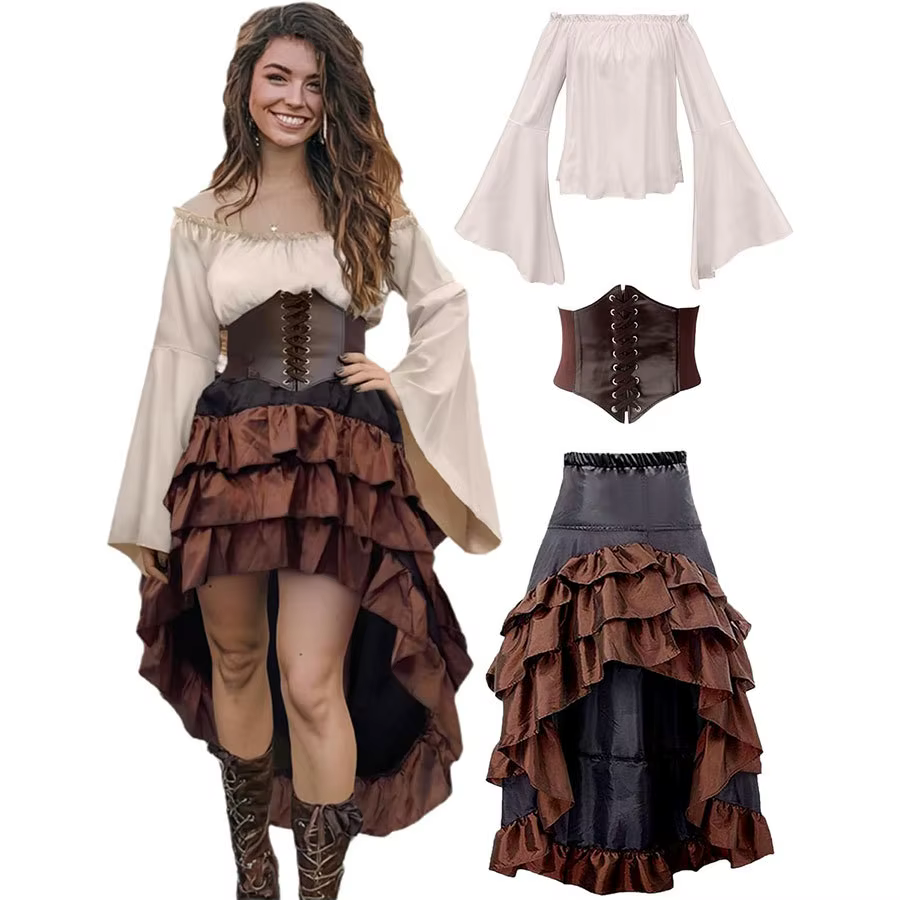 Costume de Capitaine Pirate Vintage pour Femme - Ensemble Corset Brodé Rétro et Jupe Superposée à Vo