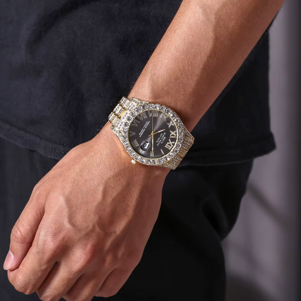 Montre à quartz avec bracelet en acier doré pour homme, échelle romaine, biscuits, calendrier, montr