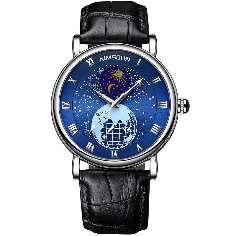 Montre automatique à remontage automatique pour homme, en acier inoxydable, avec cadran bleu planète