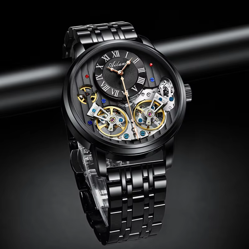 AILANG Top marque montre de luxe hommes automatique lumineux noir horloge hommes Double Tourbillon é