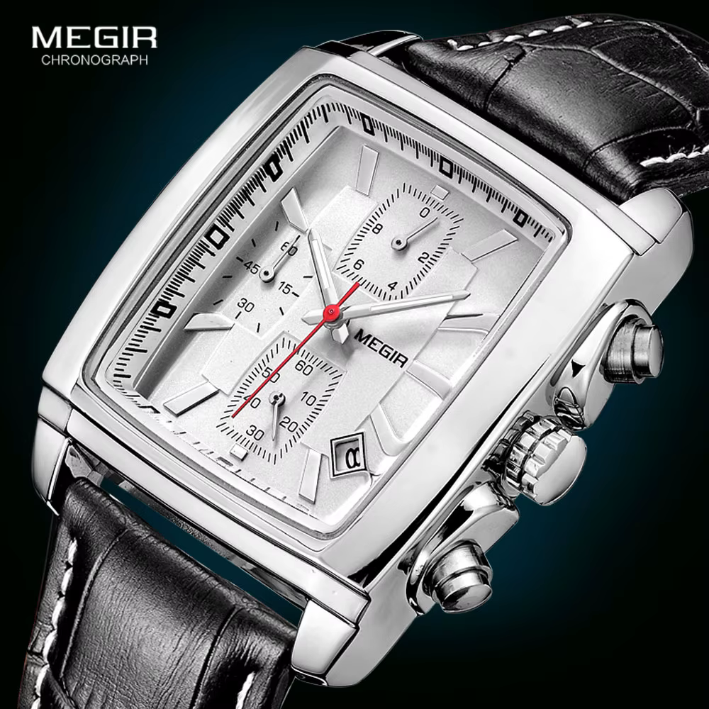 Megir cadran rectangulaire bracelet en cuir Montre pour hommes décontracté bleu chronographe montres