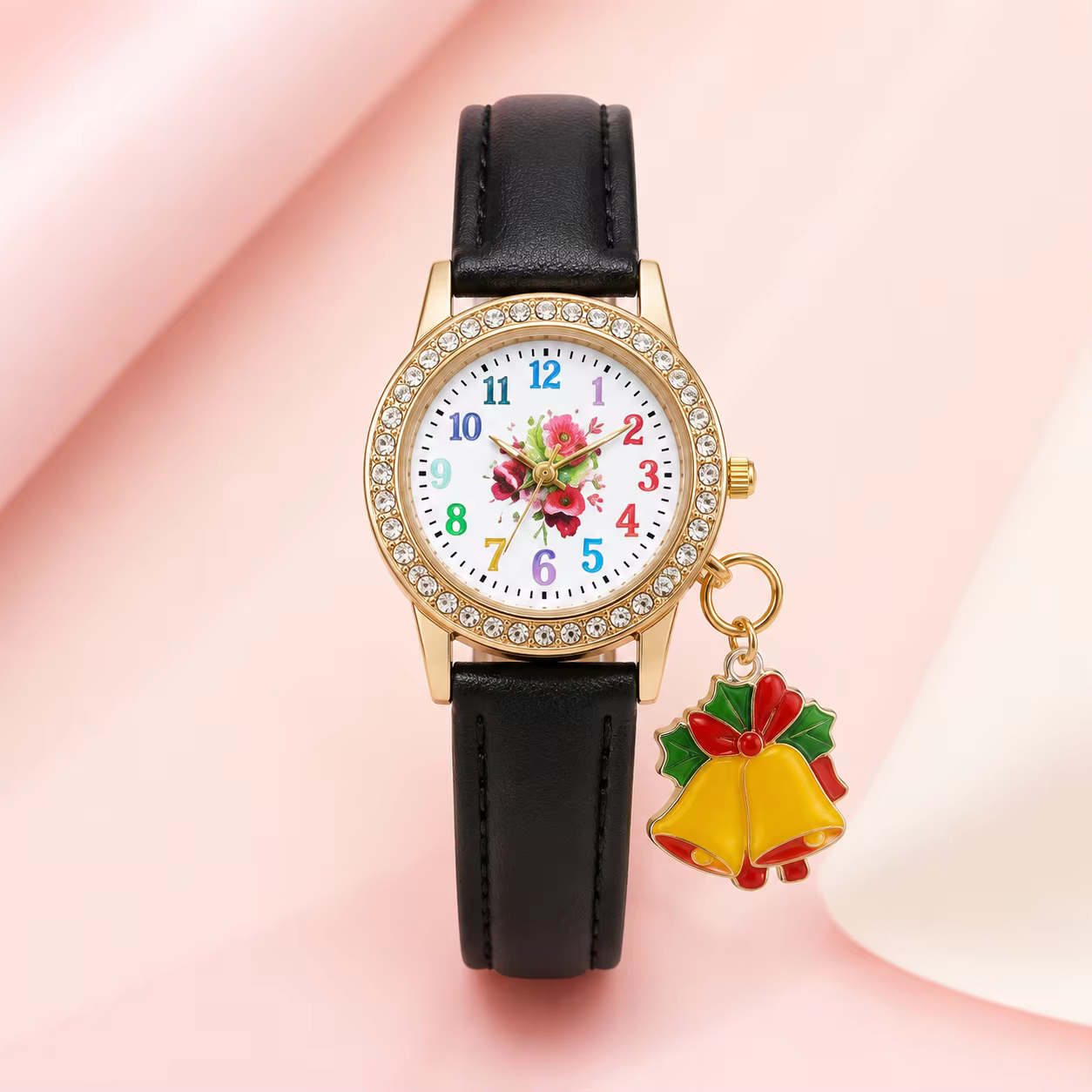 Montre de mode pour femme avec cadran floral numérique coloré, breloque cloche, lunette en strass do