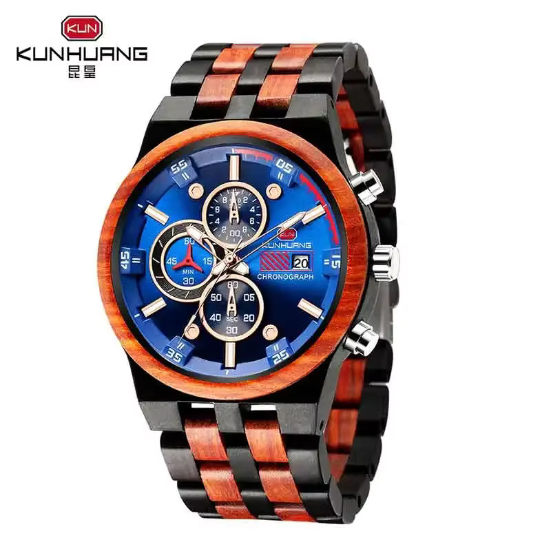 Montre en bois KUNHUANG pour homme, montre-bracelet à quartz tendance pour homme, aiguilles lumineus