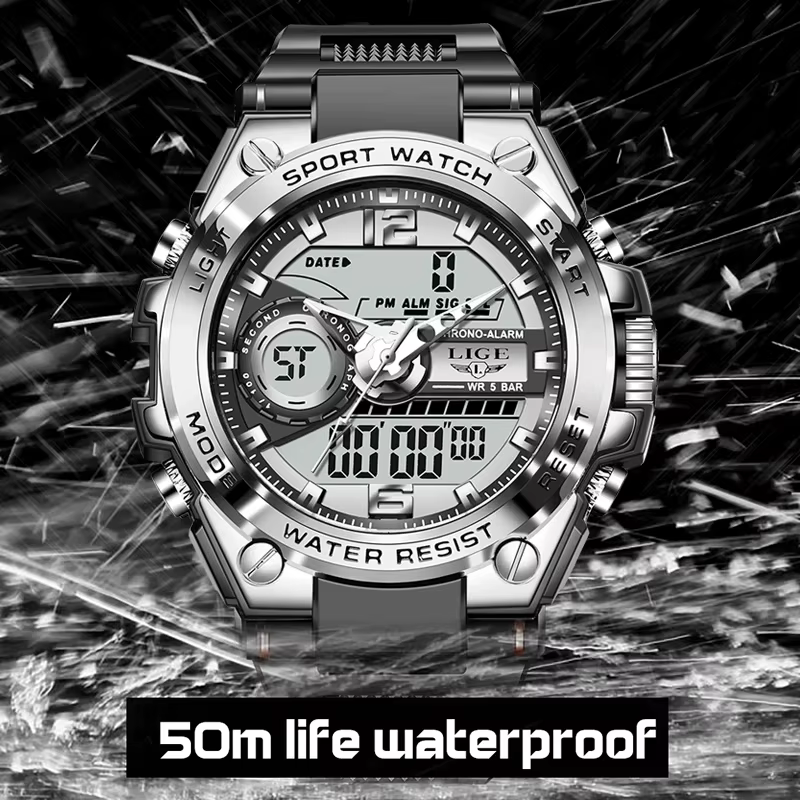 LIGE numérique hommes montre militaire 50m étanche montre-bracelet LED Quartz horloge Sport montre m