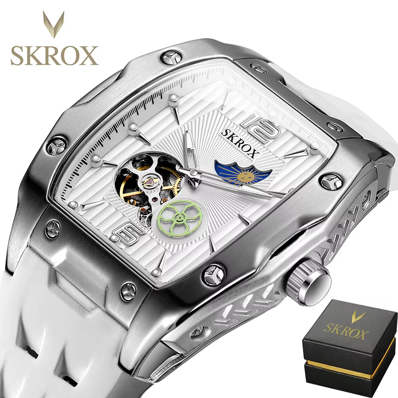 SKROX Designer luxe Phase de lune Toubillon mouvement automatique horloge mécanique haute qualité ét